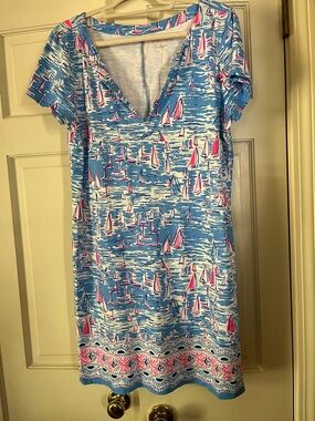 Lilly Pulitzer Zanzibar Blue Sailboat Print V-Neck Dress with Pink Accents